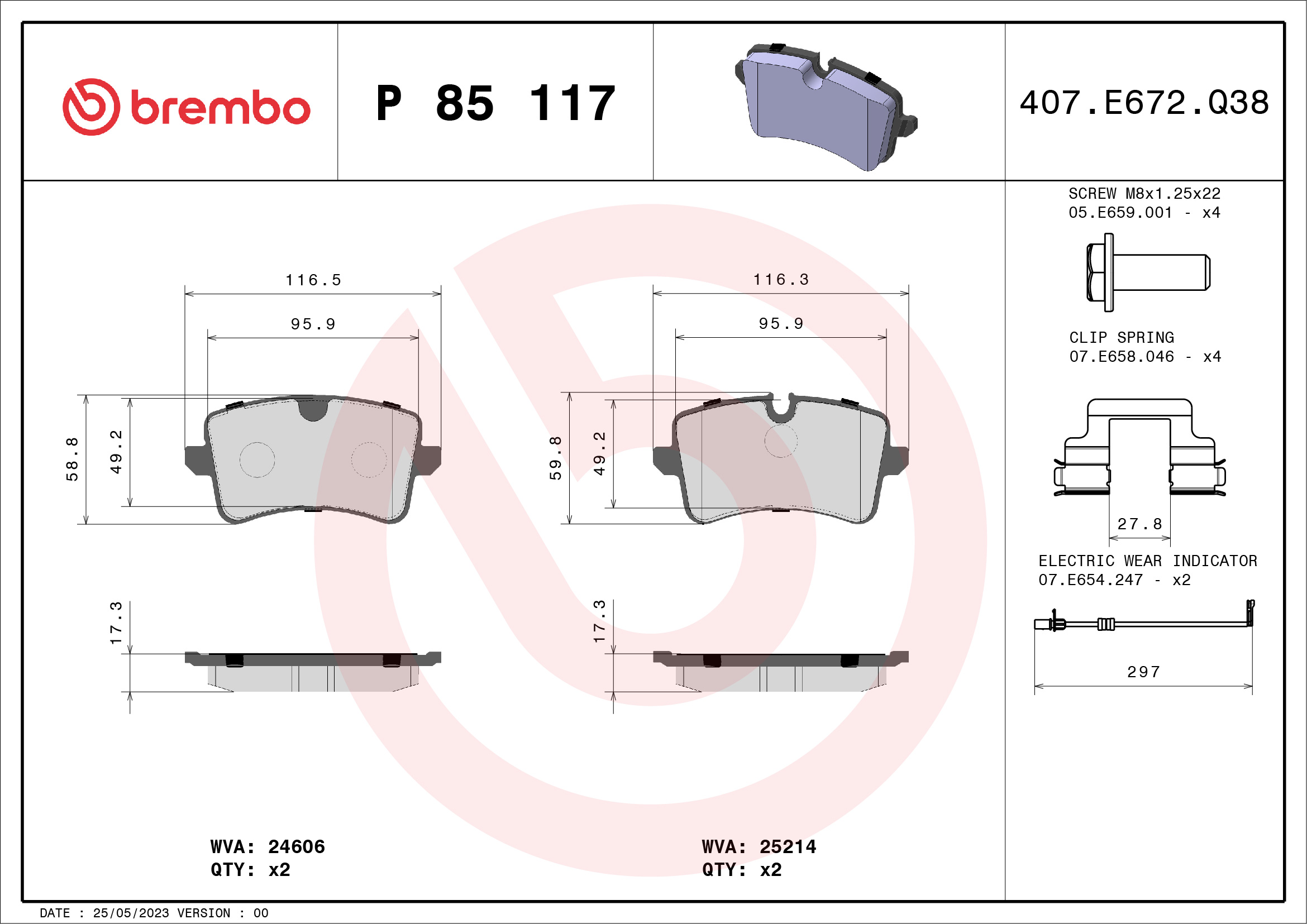 Комплект тормозных колодок, дисковый тормоз - P 85 117 BREMBO