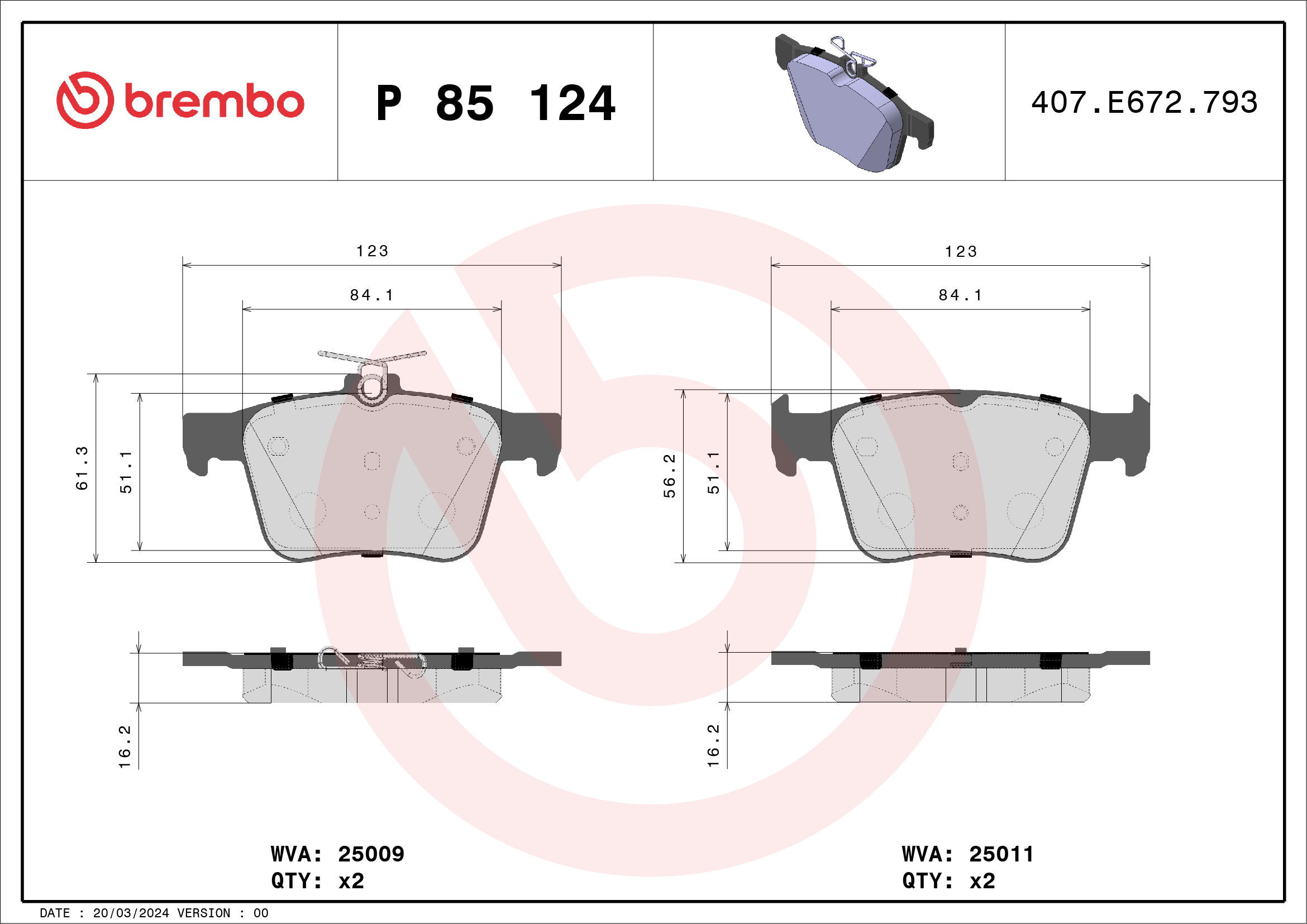 Kit pastiglie freno, Freno a disco - P 85 124 BREMBO