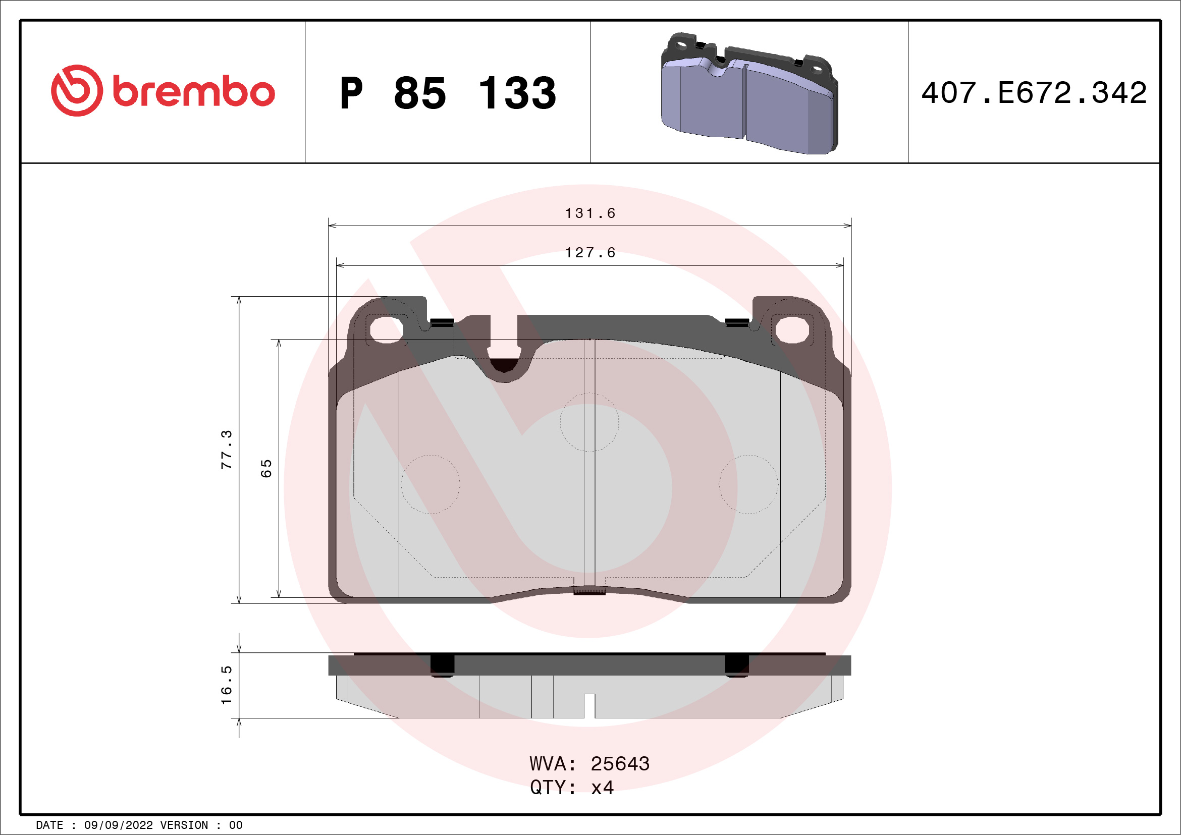 Brake Pad Set, disc brake - P 85 133 BREMBO