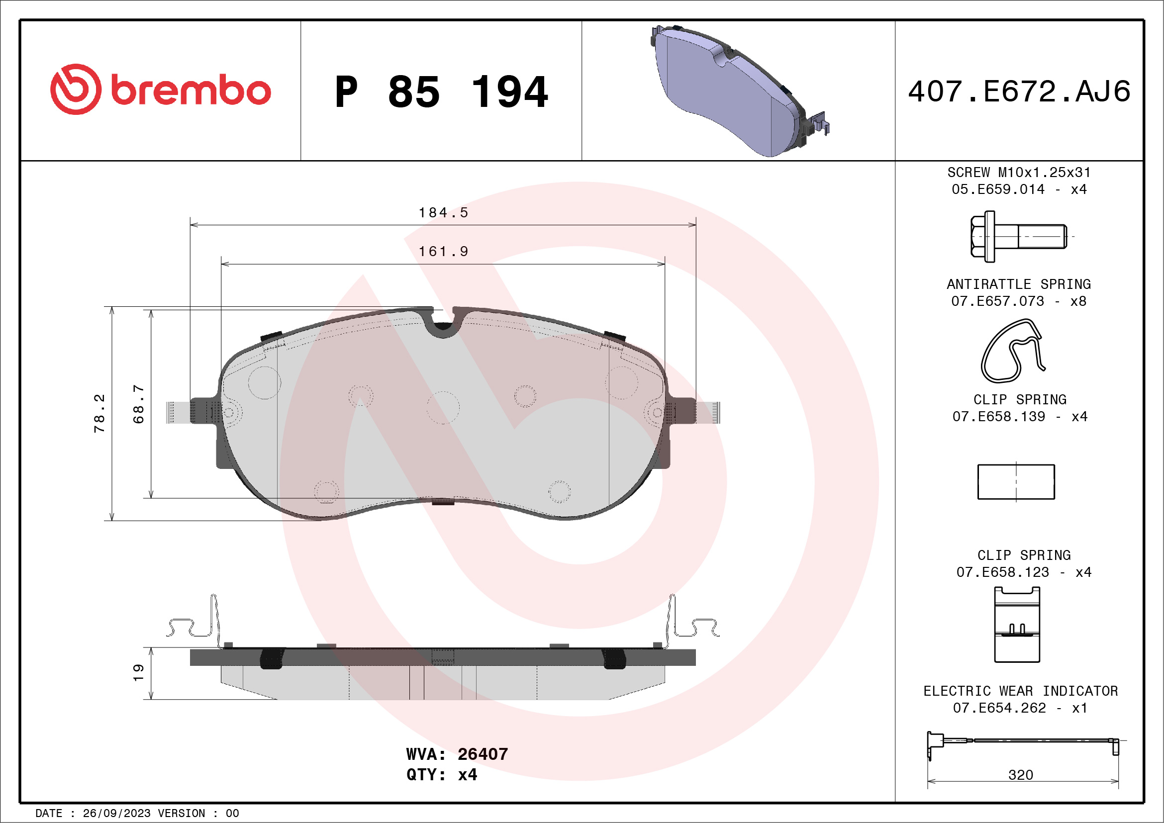 Brake Pad Set, disc brake - P 85 194 BREMBO