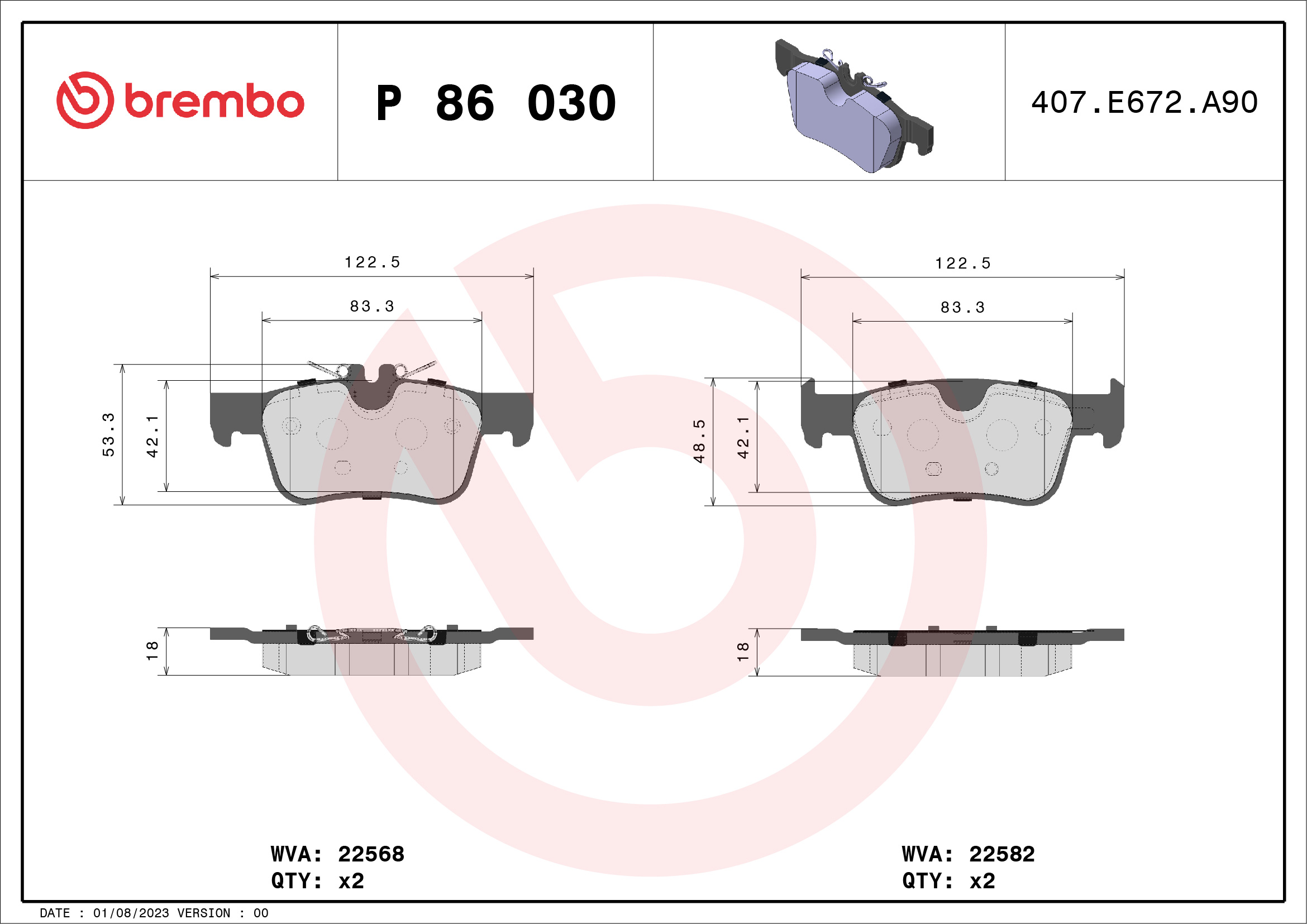 Комплект тормозных колодок, дисковый тормоз - P 86 030 BREMBO