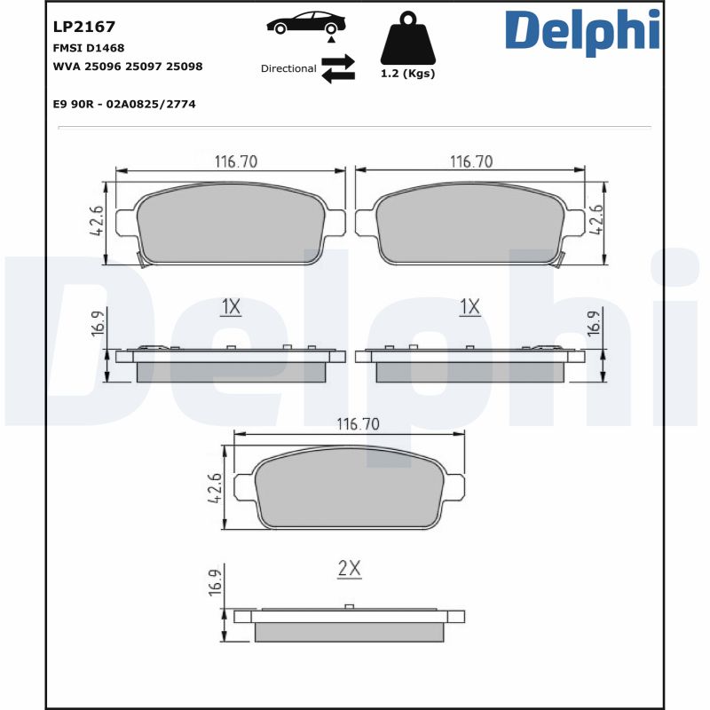 Комплект тормозных колодок, дисковый тормоз - LP2167 DELPHI