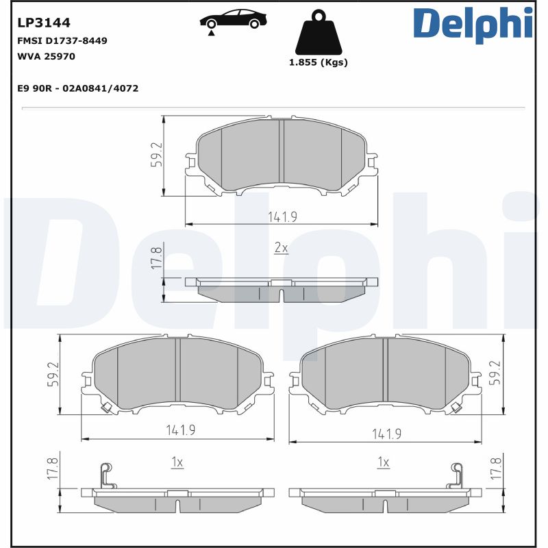 Комплект тормозных колодок, дисковый тормоз - LP3144 DELPHI