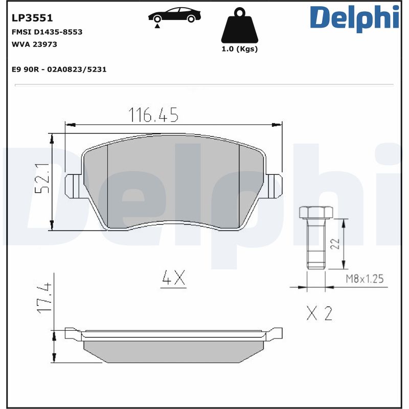 stabdžių trinkelių rinkinys, diskinis stabdys - LP3551 DELPHI