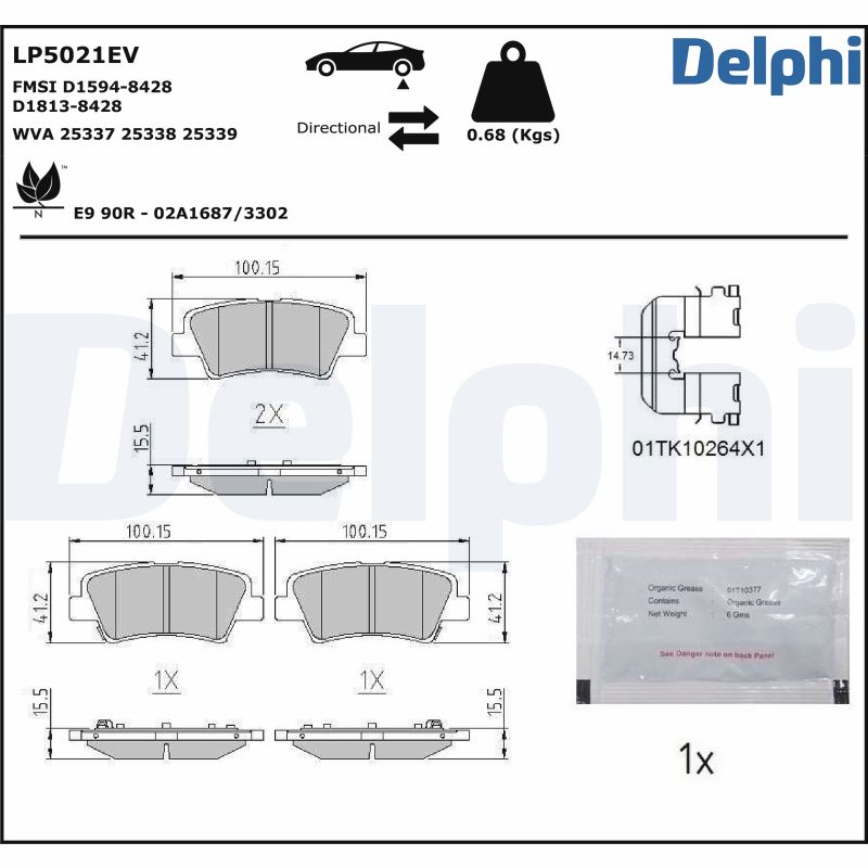Комплект тормозных колодок, дисковый тормоз - LP5021EV DELPHI