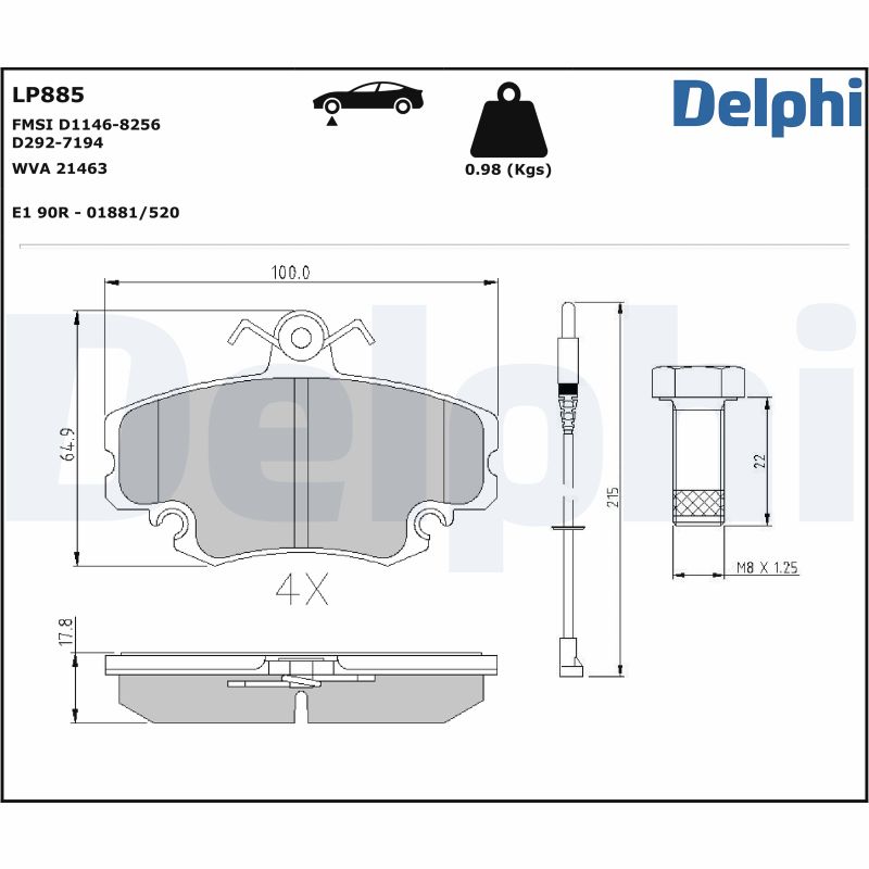 Комплект тормозных колодок, дисковый тормоз - LP885 DELPHI